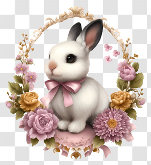 Bunny With Ribbon - Decorative Rabbit With Flowers Transparent PNG