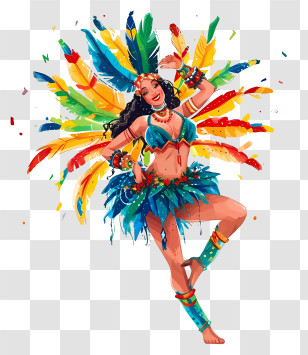 Hand Drawn Brazilian Samba Dancer - Carnival Dancer In Vibrant Feathered Costume Transparent PNG