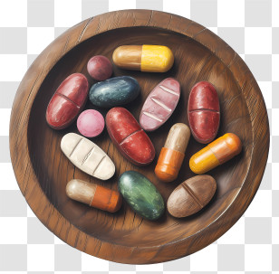 Medicine Tablet - Variety Of Pills In Rustic Wooden Bowl Transparent PNG