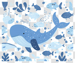 Cute Whale - Cartoon Whale And Fish In Blue Ocean Transparent PNG
