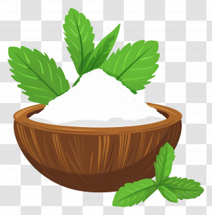 Stevia Leaf - Wooden Bowl With Sugar And Fresh Mint Leaves Transparent PNG