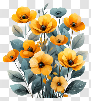 Gold Flowers - Bouquet Of Yellow Flowers With Leaves Transparent PNG