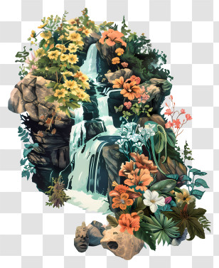 Sutherland Falls - Beautiful Waterfall With Flowers Transparent PNG