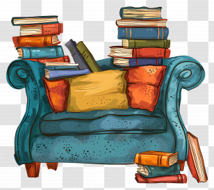 Sofa - Cozy Couch With Piles Of Books Transparent PNG