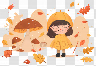 Autumn Background - Cartoon Girl In Autumn Forest With Mushrooms Transparent PNG