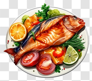 Realistic Fish Dish - Deliciously Grilled Fish With Fresh Garnishments Transparent PNG