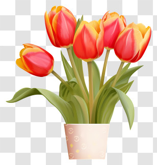 Red Tulips - Red And Yellow Tulips In A Flower Pot Illustration Transparent PNG