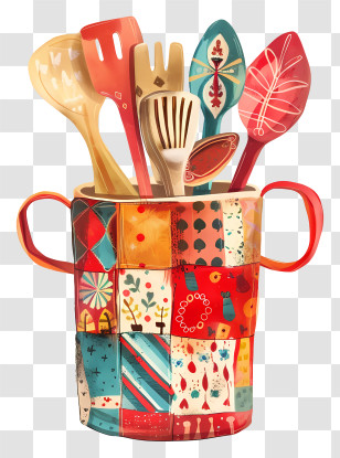 Kitchen Utensil Holder - Colorful Kitchen Utensils In Decorative Container Transparent PNG