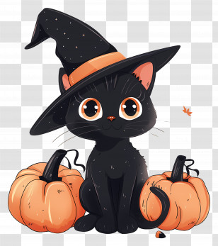 Halloween Cat - Cute Black Cat With Witch Hat And Pumpkins For Halloween Transparent PNG