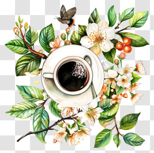 Spring Coffee Time - Coffee Cup With White Flowers Transparent PNG