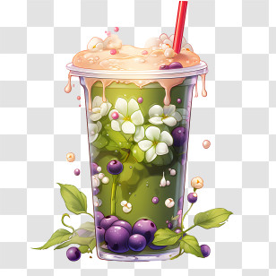 Matcha Bubble Tea - Green Bubble Tea With Floral Elements Transparent PNG