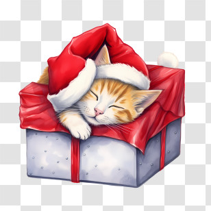 Christmas Cat - Festive Kitten Sleeping In A Holiday Gift Box Transparent PNG