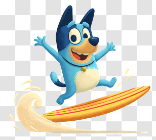 Bluey Surfing - Blue Cartoon Dog Surfing Transparent PNG