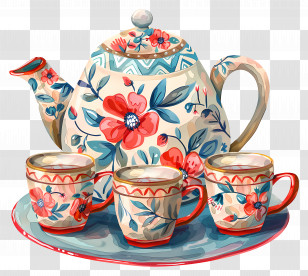 Flowered Teapot Set - Elegant Flowered Teapot Set With Cups Transparent PNG
