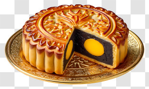 Traditional Chinese Mooncake - Gold Mooncake With Dark Paste And Yolk Transparent PNG
