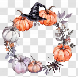 Halloween Wreath - Pumpkin Wreath With Witch Hat Decoration Transparent PNG