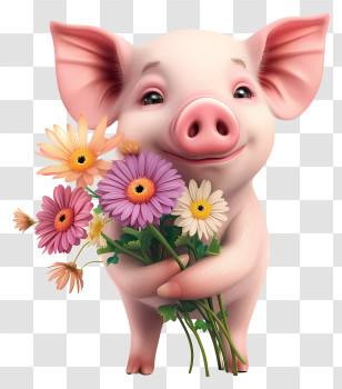 Pig Day - Happy Pig Holding Flower Bouquet Transparent PNG