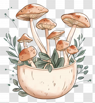 Mushrooms - Mushrooms In A Bowl With Leaves Transparent PNG