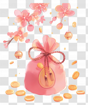 Money Bag - Flower-Decorated Pink Pouch With Coins For Festive Celebration Transparent PNG