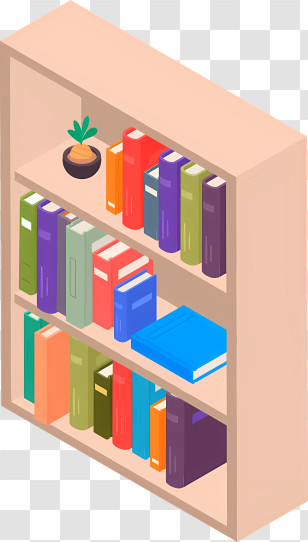 Cartoon - Bookshelf With Colorful Books And A Potted Plant Transparent PNG