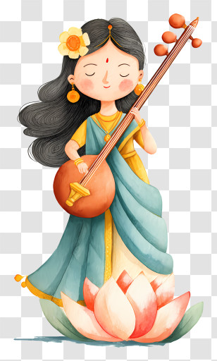 Watercolor Saraswati - Cartoon Girl With Veena And Lotus Transparent PNG