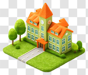 School With Green Lawn - Cartoon House With Orange Roof Transparent PNG