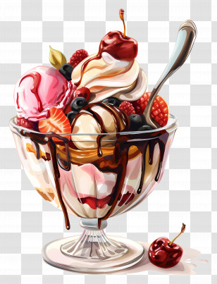 Ice Cream Sundae - Delicious Ice Cream Sundae With Fruits And Chocolate Transparent PNG