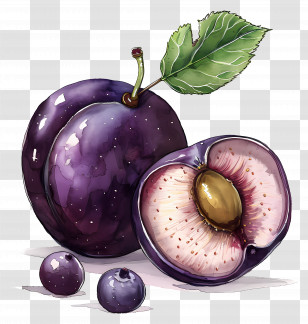 Plum - Watercolor Plum Illustration With Leaf Details Transparent PNG