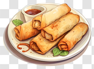 Sketch Style Spring Rolls - Spring Rolls On Plate With Sauce Transparent PNG