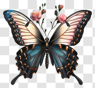 Elegant Butterfly Icon - Butterfly With Flowers On Its Wings Illustration Transparent PNG
