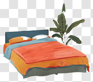 Bed Room Cartoon - Cozy Bed With Plant Transparent PNG