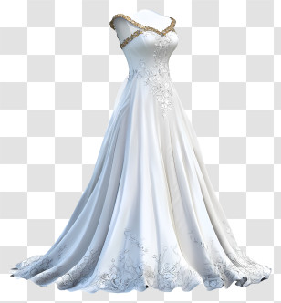 Long Wedding Dress - Elegant White Dress With Gold Trim Transparent PNG