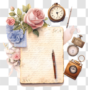 Note - Vintage Letter With Flowers And Pocket Watches Transparent PNG