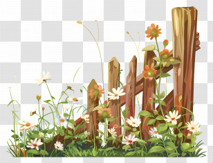 Garden Fence - Wooden Fence Surrounded By Wildflowers Transparent PNG