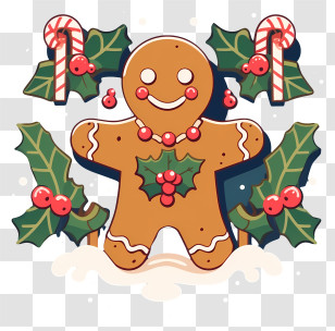Minimalized Flat Vector Illustrate - Smiling Gingerbread Man With Festive Holly And Candy Canes Transparent PNG
