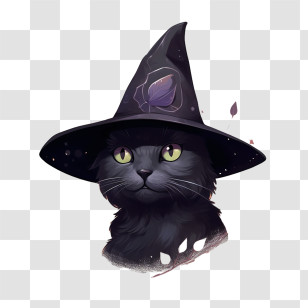 Black Cat With Witch Hat - Black Cat With Witch Hat For Halloween Transparent PNG