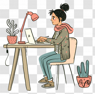 Cartoon Woman Working - Woman Working At Desk In Home Office Illustration Transparent PNG