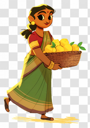 Indian Woman - Cartoon Woman Carrying A Basket Of Fruits Transparent PNG
