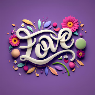 Love Word Art - Love Text Design With Colorful Flowers Transparent PNG