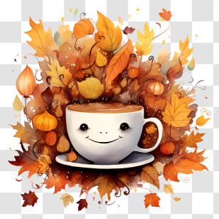 Smiley Face Mug - Cozy Coffee Cup Surrounded By Autumn Leaves Transparent PNG