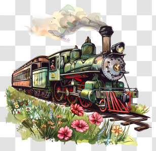 Spring Field - Vintage Steam Train Illustration With Scenic Floral Setting Transparent PNG