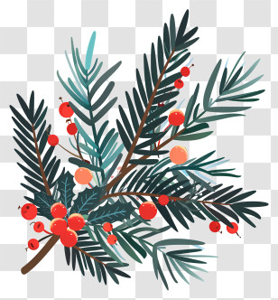 Christmas Tree Branch - Pine Leaves And Red Berries For Holiday Decor Transparent PNG