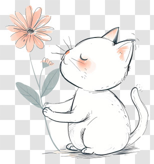 Little Cat Playing Flowers - Cute White Cat Holding A Flower Illustration Transparent PNG