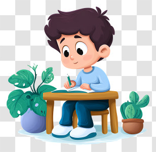 Child Doing Homework - Boy Writing At Desk With Plants Transparent PNG