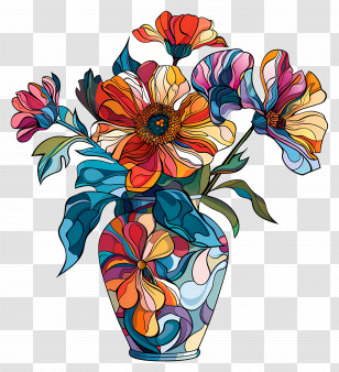 Vase With Flowers - Stained Glass Style Colorful Flower Bouquet Transparent PNG