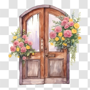 Wooden Door - Rustic Wooden Door Adorned With Flowers Transparent PNG
