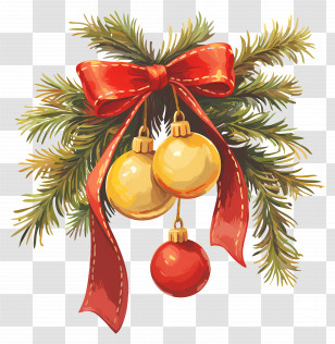 Christmas Balls On A Branch - Christmas Ornament With Ribbon And Baubles Transparent PNG