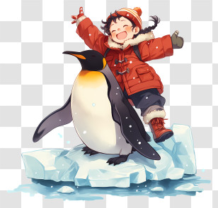 Penguin On Ice - Joyful Child Riding Penguin On Ice Transparent PNG