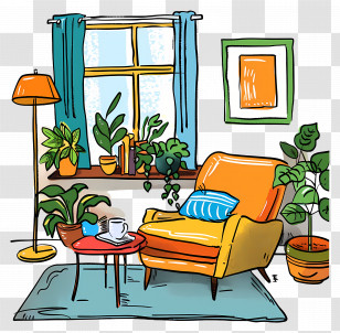 Home Interior - Cozy Living Room With Plants And Furniture Transparent PNG