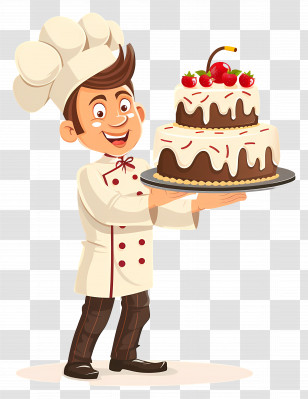 Cartoon Chef With Cake - Cartoon Chef Holding A Decorated Cake Transparent PNG